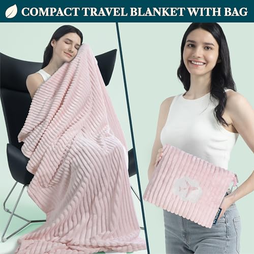 PAVILIA Travel Blanket Pillow, Soft Ribbed Fleece Airplane Blanket, Pink - color: Pink