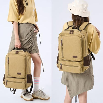 LXYGD Canvas Laptop Backpack for Men Women,Durable Travel Work Business Rucksack Bookbags Fits 15.6 Inch Notebook & Laptops,College Backpacks Computer Bag Weekender Hiking Daypack(Khaki)