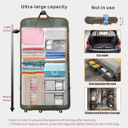 Travel bag with wheels, expandable, foldable, luggage bag, large capacity foldable rolling travel bag, suitable for men and women for moving house, studying abroad and traveling - color: Green
