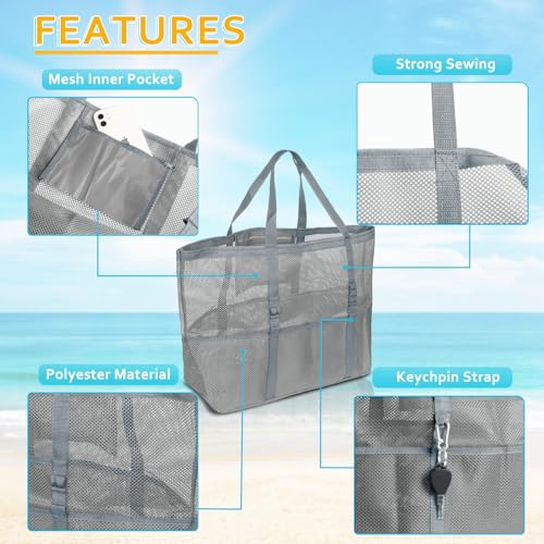 SRISE Mesh Beach Bag - Large Beach Tote Bag for Family Beach Bag for Toys & Vacation Essentials - color: Grey