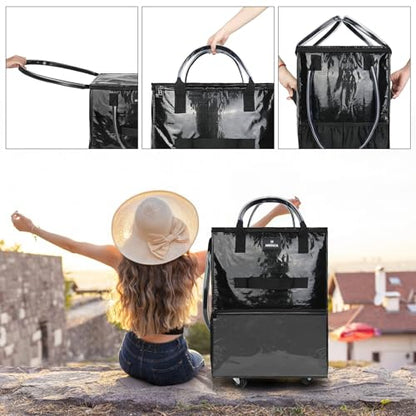 Reusable Grocery Bag On Wheels, 70L Foldable Rolling Tote with 6 Pockets - color: Black, size: Medium