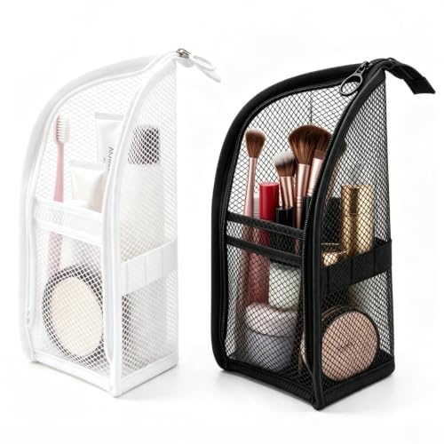 Standing Travel Toiletry Bag, Waterproof Hanging Makeup Organizer Cosmetic Zipper Pouch for Women, Stand Up Portable Toiletry Containers Holder for Brush Toothpaste Bathroom Essentials (White, Black) - color: White Black