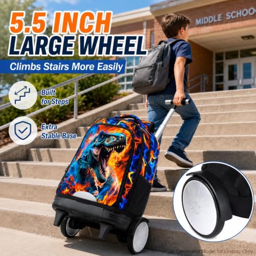 20 Inches Large Wheels Rolling Backpack for Boys with Detachable, 3Pcs Kids Fire Dinosaur Wheeled Backpack Set for Elementary School (Red) - color: Fire Dinosaur (Large Wheels)