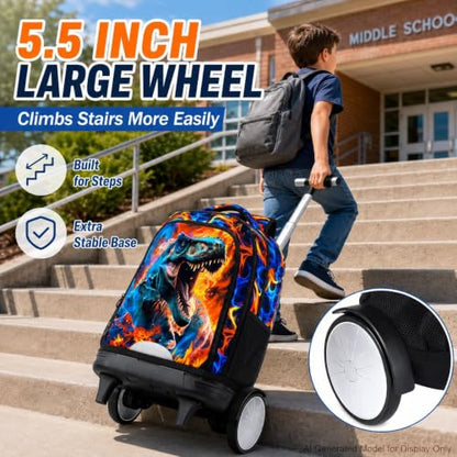 20 Inches Large Wheels Rolling Backpack for Boys with Detachable, 3Pcs Kids Fire Dinosaur Wheeled Backpack Set for Elementary School (Red) - color: Fire Dinosaur (Large Wheels)