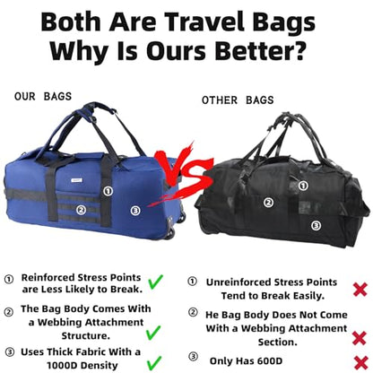 80L Travel Rolling Duffel Bag with wheels, Military Tactical Wheeled Foldable for Deployment Travel Camping Sports - color: Blue