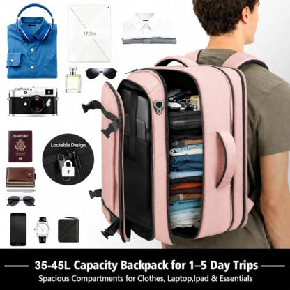 Expandable Flight-Approved Travel Backpack 35-45L with LifetimeWarranty - color: Pink, size: 17.3inch - 19.2"x13.4"x7.9"(+2.7")