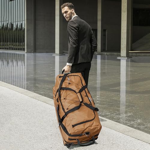 32 Inch Wheeled Foldable Duffle Bag, Large Capacity Rolling Bag | Waterproof premium oxford fabric,110L expandable to 140L,multi handles,all-terrain wheels,collapsible with storage pouch - color: Brown