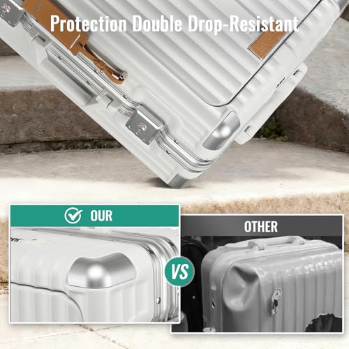 Joyway Front Opening PC Aluminum Carry On Luggage, Business Travel Hard Shell Suitcase with Laptop Compartment, Braking Spinner Wheels and Phone Holder, 20 Inch - color: White, size: 20 Inch