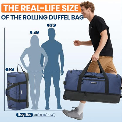 Fanwoli 120L Rolling Duffle Bag with Wheels, Foldable Travel Duffel - color: Blue
