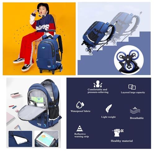 Mfikaryi Solid Color Elemetary Rolling Backpack,Camo Prints Kids Wheeled School BookBag,Backpack with wheels for boys - color: Black Blue
