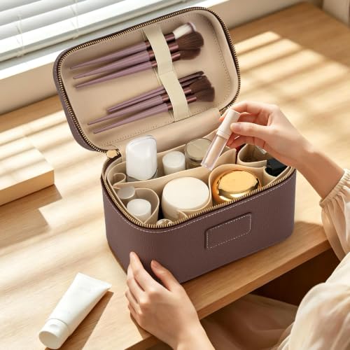 Makeup Bag Travel Toiletry Leather Cosmetic Case, Waterproof Makeup Organizer with Brush Holder, Wipe Clean Removable Divider Vanity Train Bag for Women, Brown Coffe - color: Brown Coffe