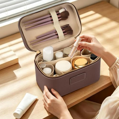 Makeup Bag Travel Toiletry Leather Cosmetic Case, Waterproof Makeup Organizer with Brush Holder, Wipe Clean Removable Divider Vanity Train Bag for Women, Brown Coffe - color: Brown Coffe