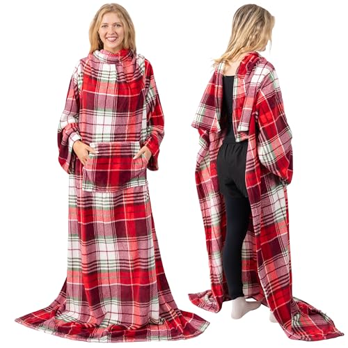 PAVILIA Blanket with Sleeves for Adult Women Men, Soft Warm Wearable Blanket Fleece Wrap Throw, Robe Blanket Gift - color: Christmas Plaid