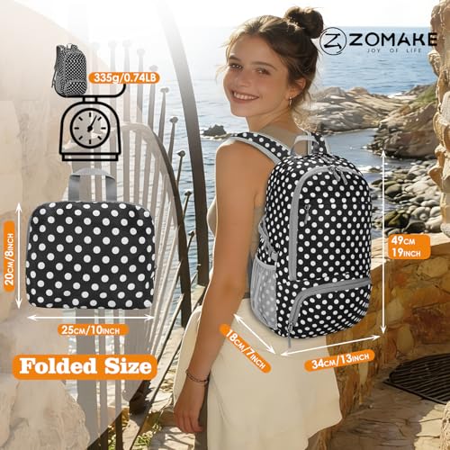 ZOMAKE Lightweight Packable Backpack 30L, Foldable Travel Hiking Daypack - color: D-black,white Polka Dots