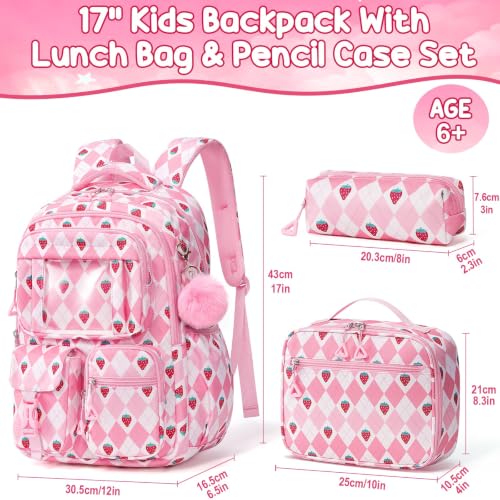Fimibuke Kids Backpack for School Girls, Waterproof Backpack w/Lunch Box - color: B2.pink Strawberry Plaid