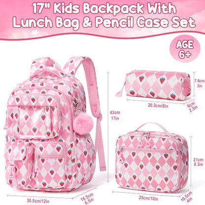 Fimibuke Kids Backpack for School Girls, Waterproof Backpack w/Lunch Box - color: B2.pink Strawberry Plaid