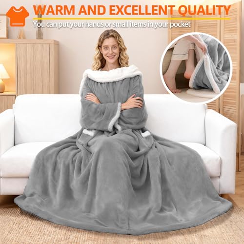 Wearable Heated Blanket With Sleeves & Foot Pocket, Heated Throw Blankets Fast Heating Blanket With 10 Heat Settings Auto Shut Off Over-Heat Protection-Warm Gift, Machine Washable, 52”*72”+18” - color: Pale Gray