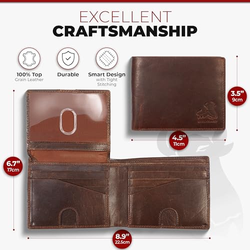 Mens RFID Blocking Bifold Wallet Supple Top Grain Leather Secure and Durable Extra Capacity Billfold with 11 Credit Cards Slots, Flip Up ID, Tight Stitching, Quick Thumb Push Access in Grizzly Brown - color: Wild Grizzly Brown