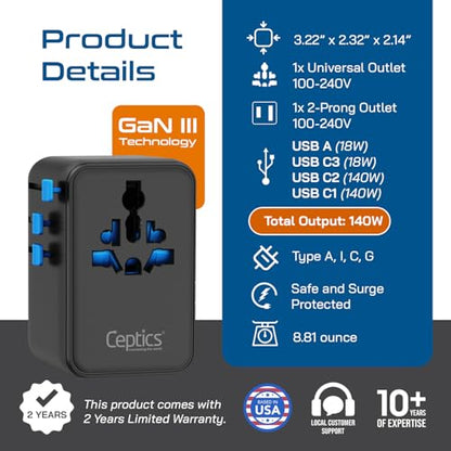 Ceptics Universal Travel Adapter, GAN 140W, 4 USB Ports & 2 Input sockets - color: Black/Blue