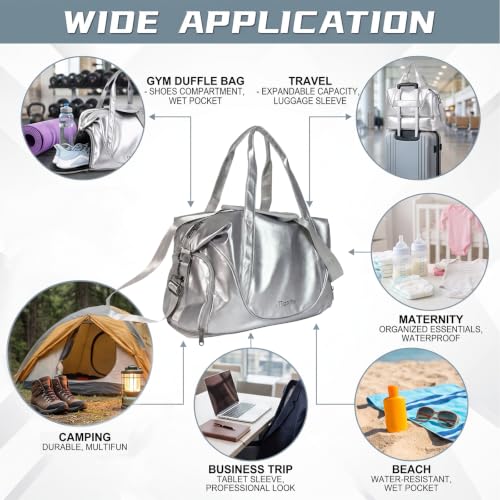 Gym Bag for Women Men, Expandable Travel Duffel Bag with Shoe Compartment - color: Silver
