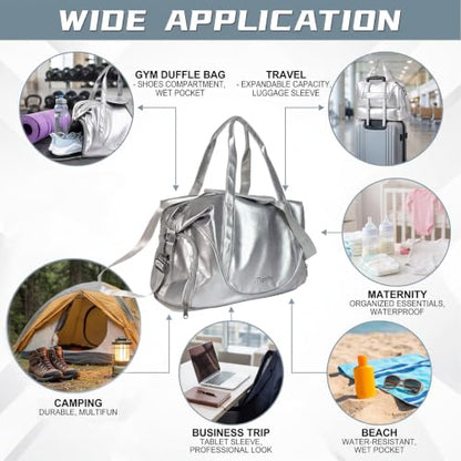 Gym Bag for Women Men, Expandable Travel Duffel Bag with Shoe Compartment - color: Silver