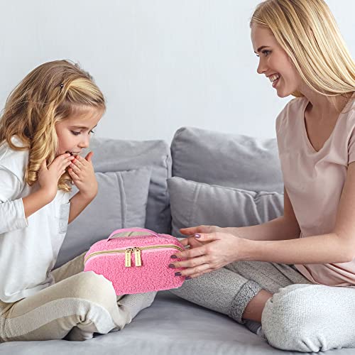 BYOOTIQUE Plush Makeup Bag Open Flat Travel Toiletry Accessories w/Handle - color: Pink, size: S