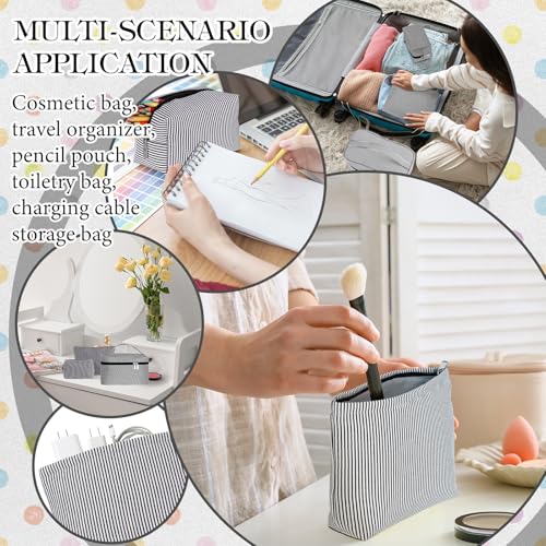Huhumy 3Pieces Cute Seersucker Makeup Bag Set for Women, Black, Stripe - color: Black, style: Stripe