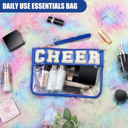 BuyCard Cheer Chenille Letter Bags Clear Makeup Bag, Cheerleader Gifts Cosmetic Bag, Varsity Preppy Patch Flat Pouch Cheer Accessories, Waterproof PVC Organizer Toiletry Bag for Women Girls Navy Blue - color: Navy Blue-Cheer