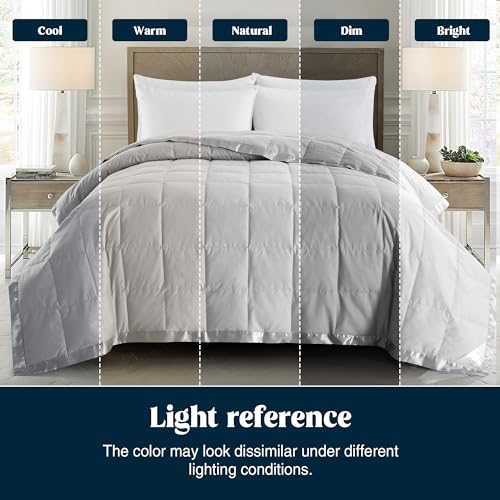 puredown® Blankets King Size - Soft Lightweight Down Blanket for Bed, Cozy Warm Luxury Bed Blanket with Satin Trim, Light Grey (108"X90") - color: 02 Light Gray, size: King