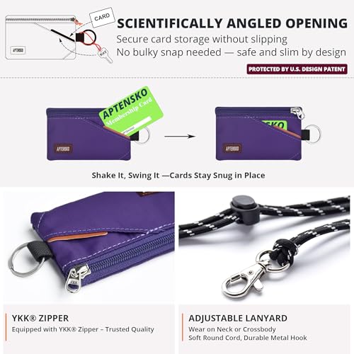 RFID 차단 여행용 지갑, 조절 가능한 랜야드 포함, 작은 나일론 지퍼 파우치 및 신분증, 신용 카드, 현금, 열쇠, 통근자용 배지 홀더, 딥 퍼플, 끈이 달린 RFID 차단 여행용 지갑 - color: 딥 퍼플