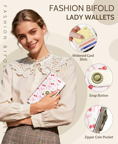 GIANCOMICS Cute Womens Wallet RFID Blocking, Bow Credit Card Holder Bifold - color: Bows and Cherry