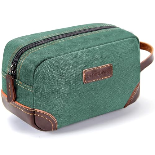 emissary Men's Canvas Travel Toiletry Bag, Leather Dopp Kit - Green - color: Green