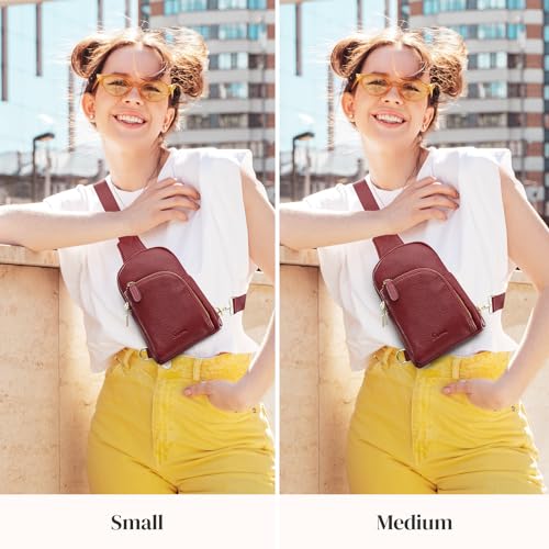 S-ZONE Genuine Leather RFID Blocking Small Sling Bag Women Crossbody Fanny Packs - color: Wine Red, size: Medium