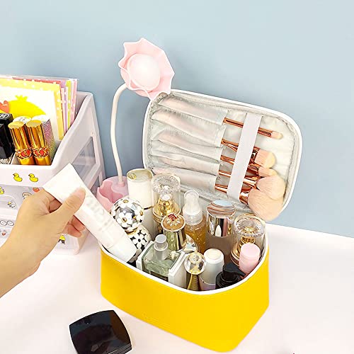 Meiyuuo Travel Makeup Bag for Women, PU Leather Cosmetic Bag, Yellow - color: Bright Yellow