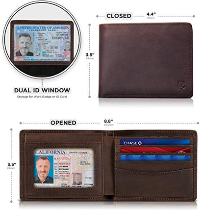 SERMAN BRANDS 2 ID Window Wallet for Men RFID Blocking Leather, Bifold Top Flip, Extra Capacity Travel Wallet - color: A. Texas Brown Executive