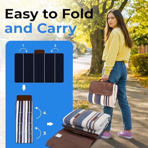 scuddles Extra Large Picnic Blanket 80 x 80 Inch, Waterproof Outdoor Mat with 3 Layer Soft Cushion, Foldable Compact Design with Carry Strap for Beach, Camping, Hiking, Parks and Travel Use - color: Navy
