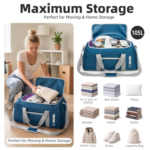 Extra Large 105L Duffel Bag, Foldable Moving & Storage Bag - color: Navy Blue, size: 105L