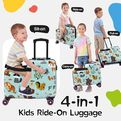 20" Kids Ride On Suitcase, Lightweight Hardshell Travel Luggage with Wheels - color: Green