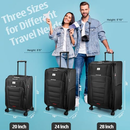 Verdi Luggage Set 3-Piece Suitcase with Spinner Wheel Softside Expandable, Carry On Luggage with USB Port (Black, 3-Piece set(20/24/28)) - color: Black, size: 3-Piece set(20/24/28)