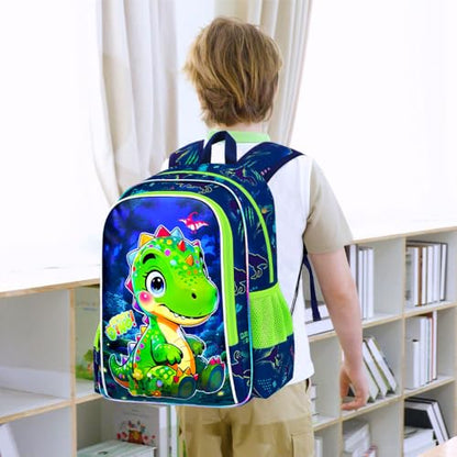 gxtvo 3PCS Boys Dinosaur Backpack Set, 16" Kids Bookbag with Lunch Box, Water Resistant Elementary Preschool Toddler School Bag - Cute Green Dino - color: Toe Dinosaur Green