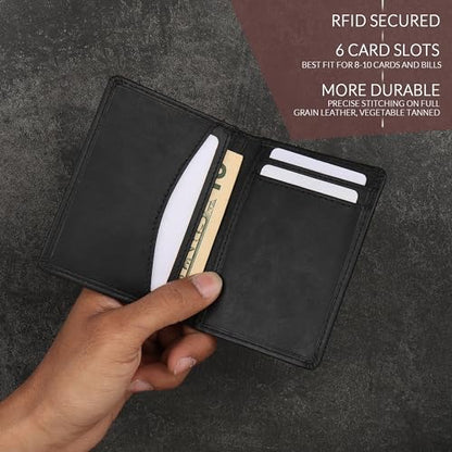 FOXHACKLE Full Grain Leather Credit Card Holder for Men and Women, Slim Bifold RFID Blocking Wallet, Thin Front Pocket Minimalist Wallet, Small Card Case. - color: Matte Black