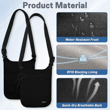 Anti-Theft Money Belt Crossbody Dual-Strap RFID Blocking Hidden Travel Wallet - color: Black