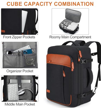 Lumesner 40L Expandable Carry On Travel Backpack with 4 Packing Cubes - color: Black, size: 20 inches