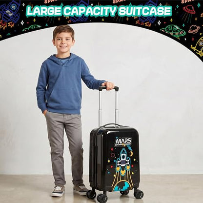 Kid's Luggage Set 2 Piece Suitcase Set Hardside Luggage with Spinner Wheels Boys Carry on Toddler Travel Rolling Suitcase Airline Approved - color: Black Rocket