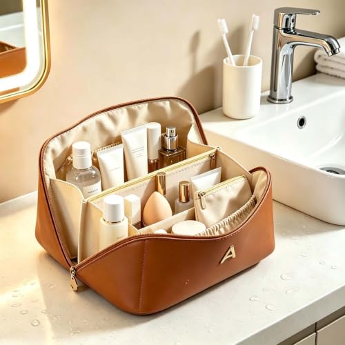 Personalized Initial Make Up Bag for Women Teen Girls Toiletry Organizer - color: Brown
