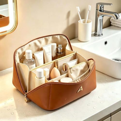 Personalized Initial Make Up Bag for Women Teen Girls Toiletry Organizer - color: Brown
