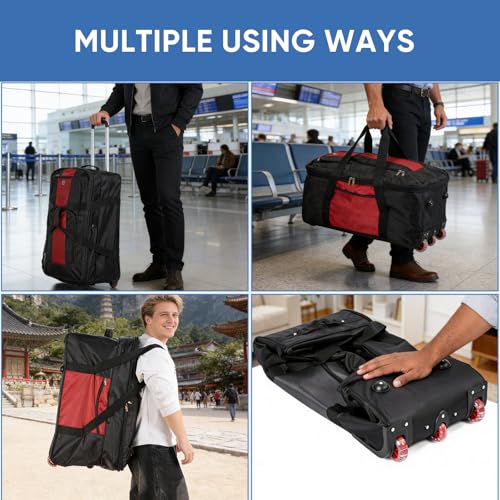 32-inch Rolling Duffle Bag with Wheels and Handle - color: Red, size: 32"