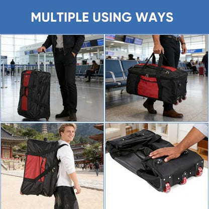 32-inch Rolling Duffle Bag with Wheels and Handle - color: Red, size: 32"