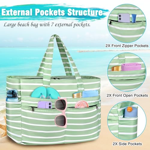 HUANLANG Extra Large Beach Bag Waterproof Beach Totes Bags for Women Men,Pool Bag with Zipper Wet Pocket - color: Light Green and White