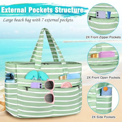HUANLANG Extra Large Beach Bag Waterproof Beach Totes Bags for Women Men,Pool Bag with Zipper Wet Pocket - color: Light Green and White
